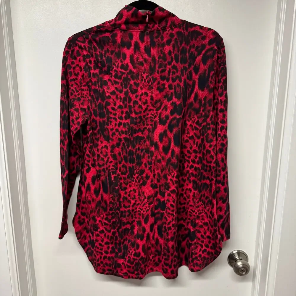 Chicos Womens Red Black Animal Print Mock Neck Long Sleeve Top Size 1/Medium/8 - Picture 2 of 10